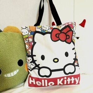 Hello Kitty Tote Large Canvas Nylon Handles Multi Color Kitty
